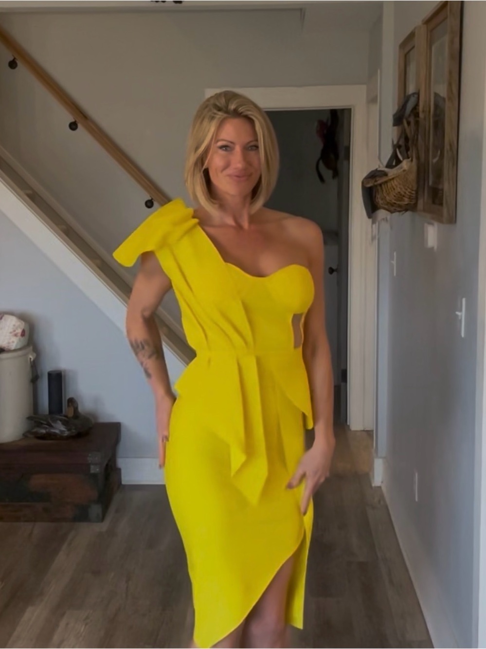 Bright Yellow One-Shoulder Asymmetric Midi Dress